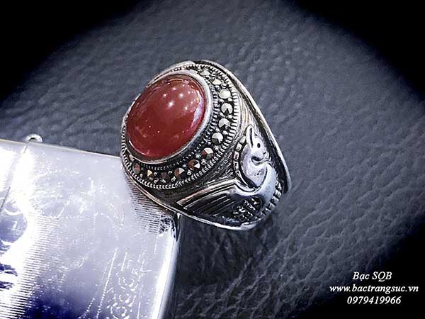 Nhẫn bạc nam Thái lan đá đỏ agate sang trọng